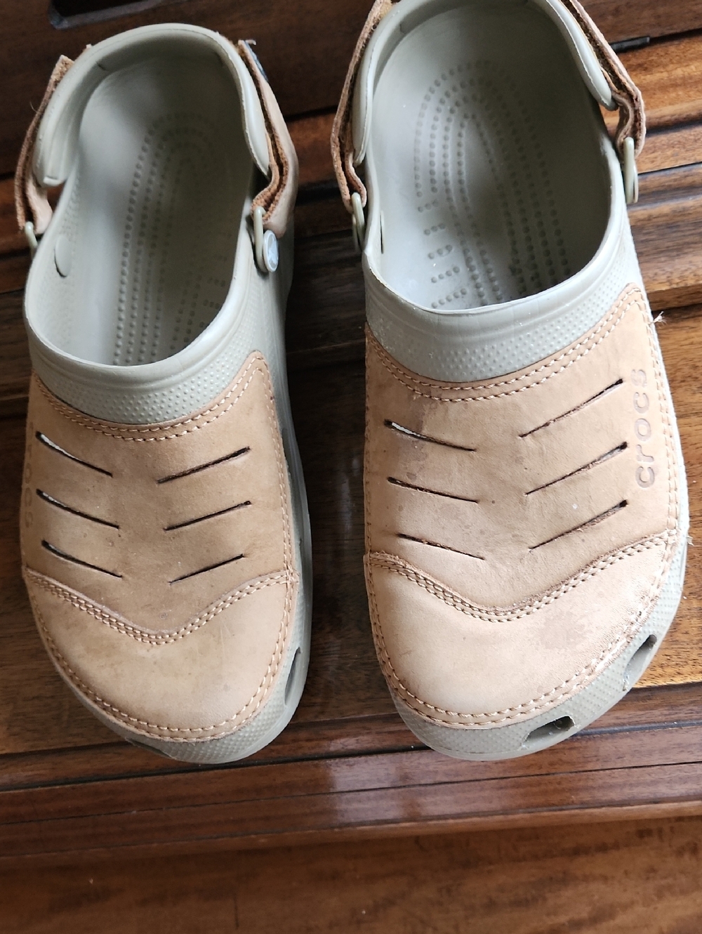 CROCS beige tan slip-on clogs with cream trim